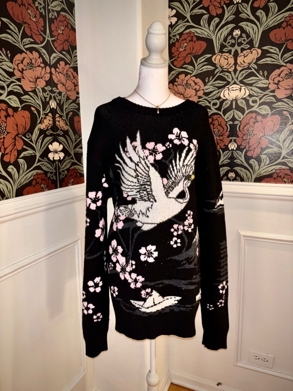 Japanese Crane Cherry Blossom Sweater Oversized Knit Dark Academia Pullover - Picture 2 of 5